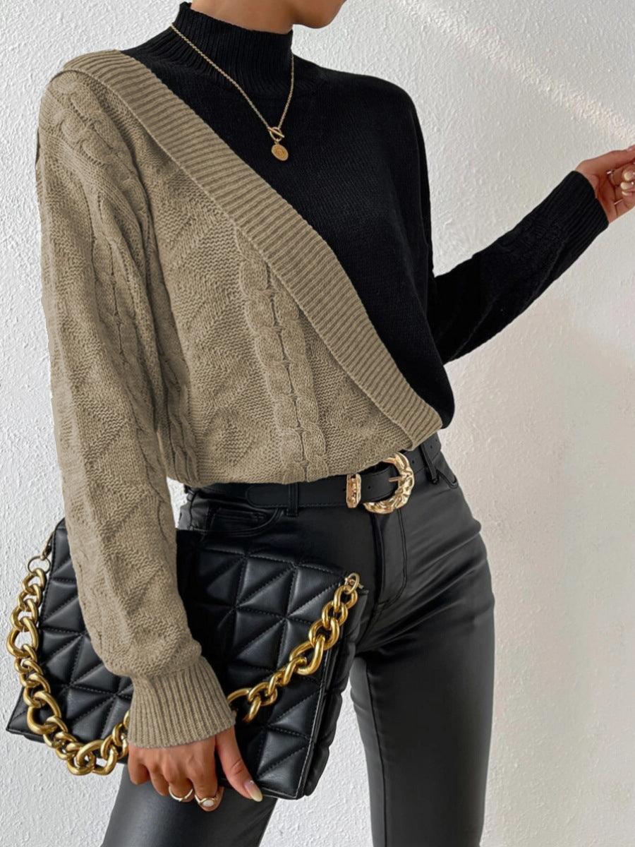 Comfortable Colorblock Cable Knit Sweater for Women with High Neck Long Sleeve Asymmetric Cropped Style