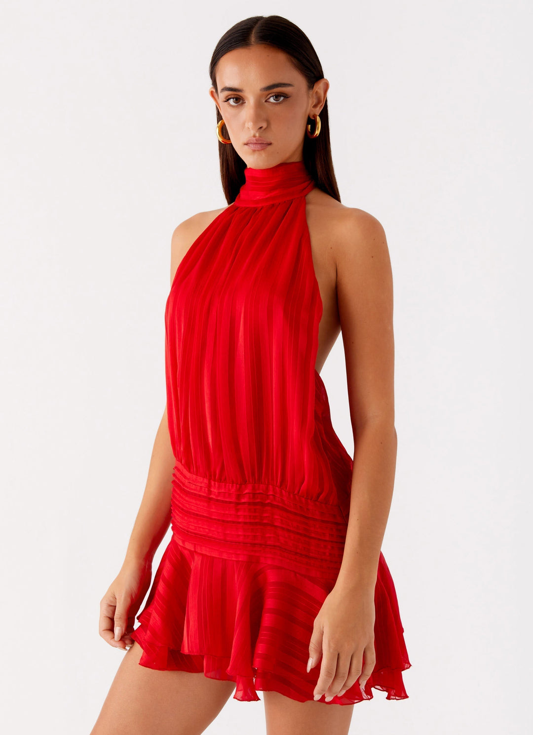 Elegant Striped Halter Neck Mini Dress for Women with High Neck Ruffle Hem Backless Flowing Style