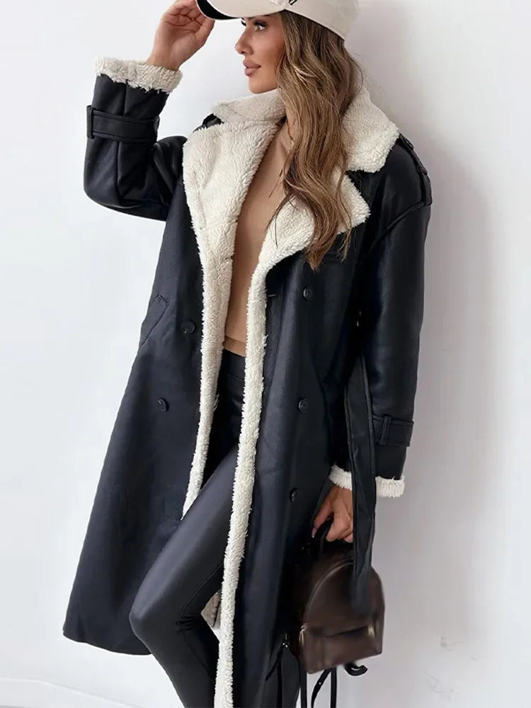 Cozy Black Faux Leather Shearling Coat for Women with Fur Collar Long Sleeve Double Breasted Belted Style