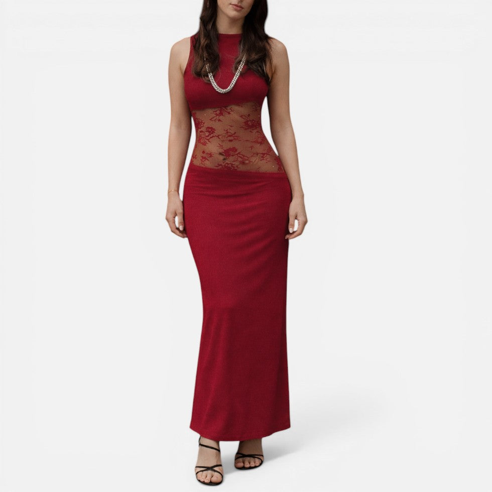 Elegant Maxi Cocktail Dress for Women with Boat Neck Sleeveless Illusion Lace Waist Backless Style