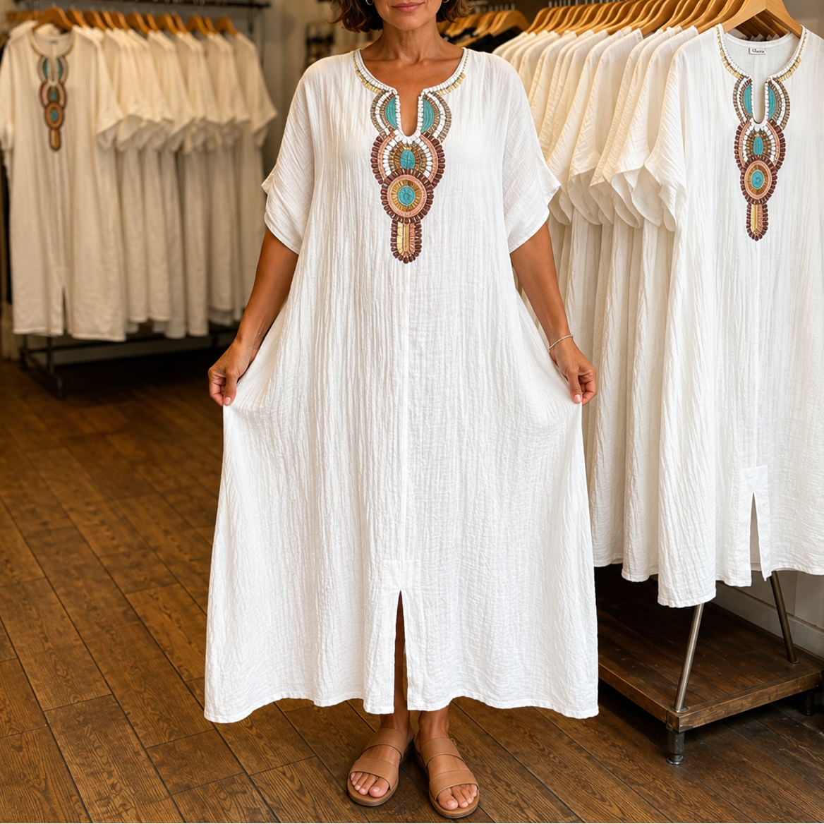 Effortless Linen Maxi Dress for Women with Embroidered V Neck Short Sleeve Kaftan Flowing Style