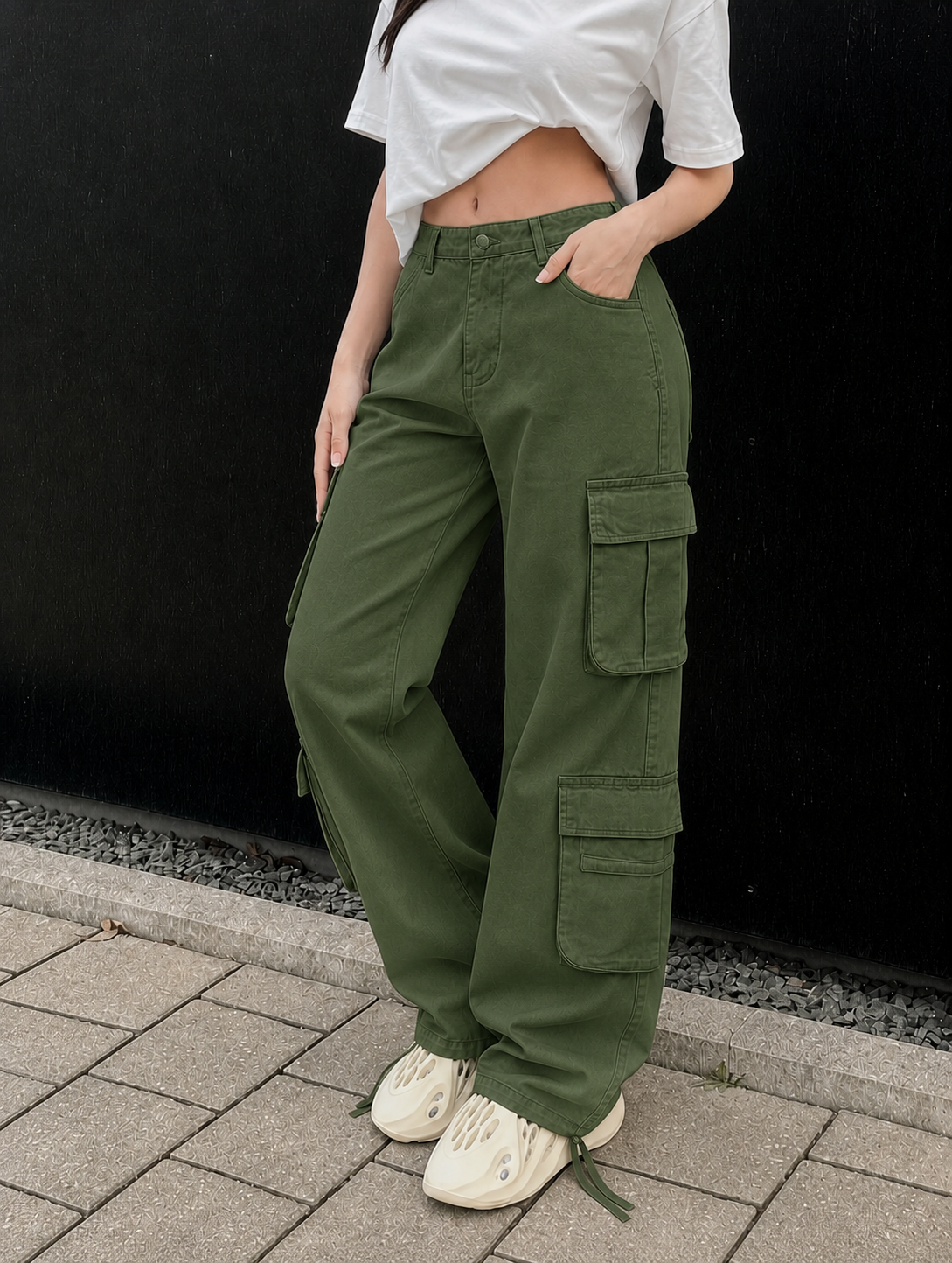 Effortless Grey Cargo Pants for Women with High Waist Multi Pocket Wide Leg Relaxed Casual Style