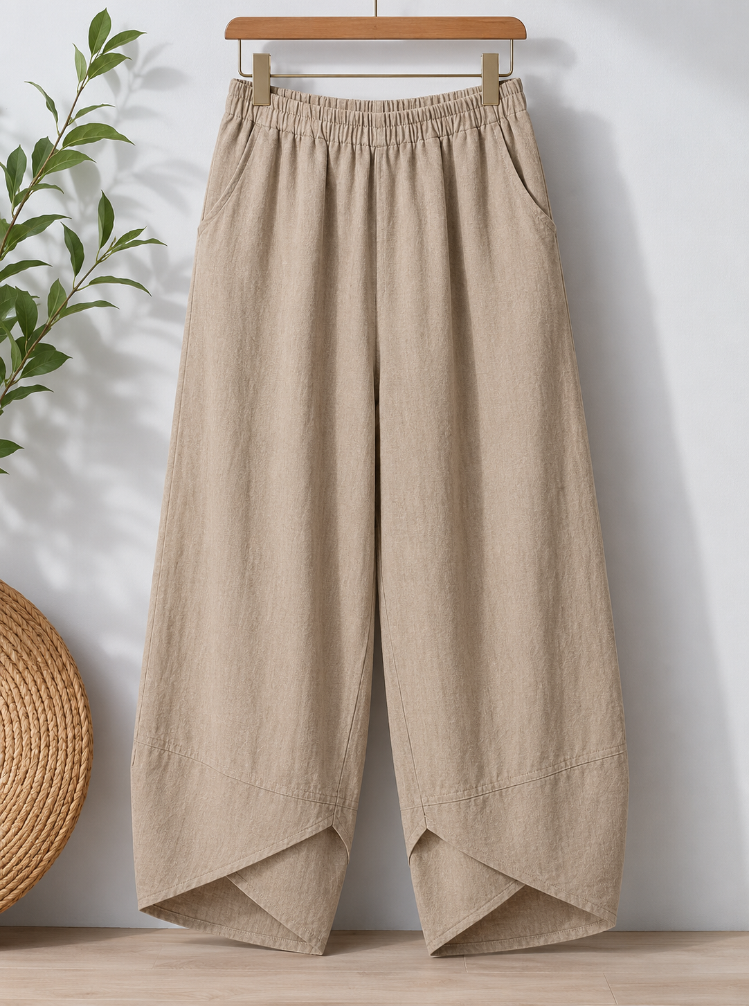 Effortless Khaki Linen Capri Pants for Women with Elastic High Waist Loose Wide Leg Asymmetric Hem Casual Style