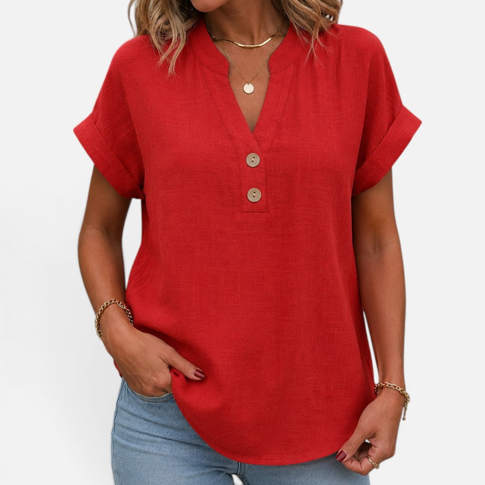 Chic V Neck Blouse for Women with Short Cuffed Sleeve Button Detail Relaxed Everyday Style