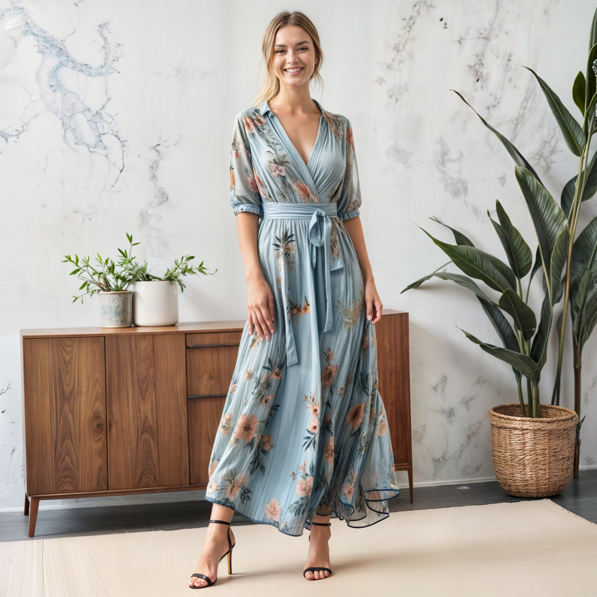 Elegant Blue Floral Wrap Maxi Dress for Women with V-Neck Puff Sleeve Tie Waist Casual Wedding Guest Style