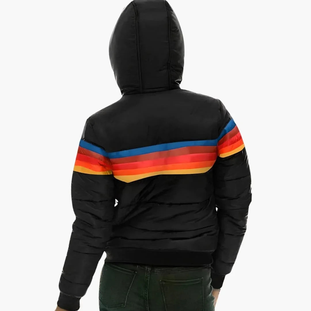 Effortless Colorblock Puffer Jacket for Women with Hooded Long Sleeve Rainbow Stripe Quilted Casual Style