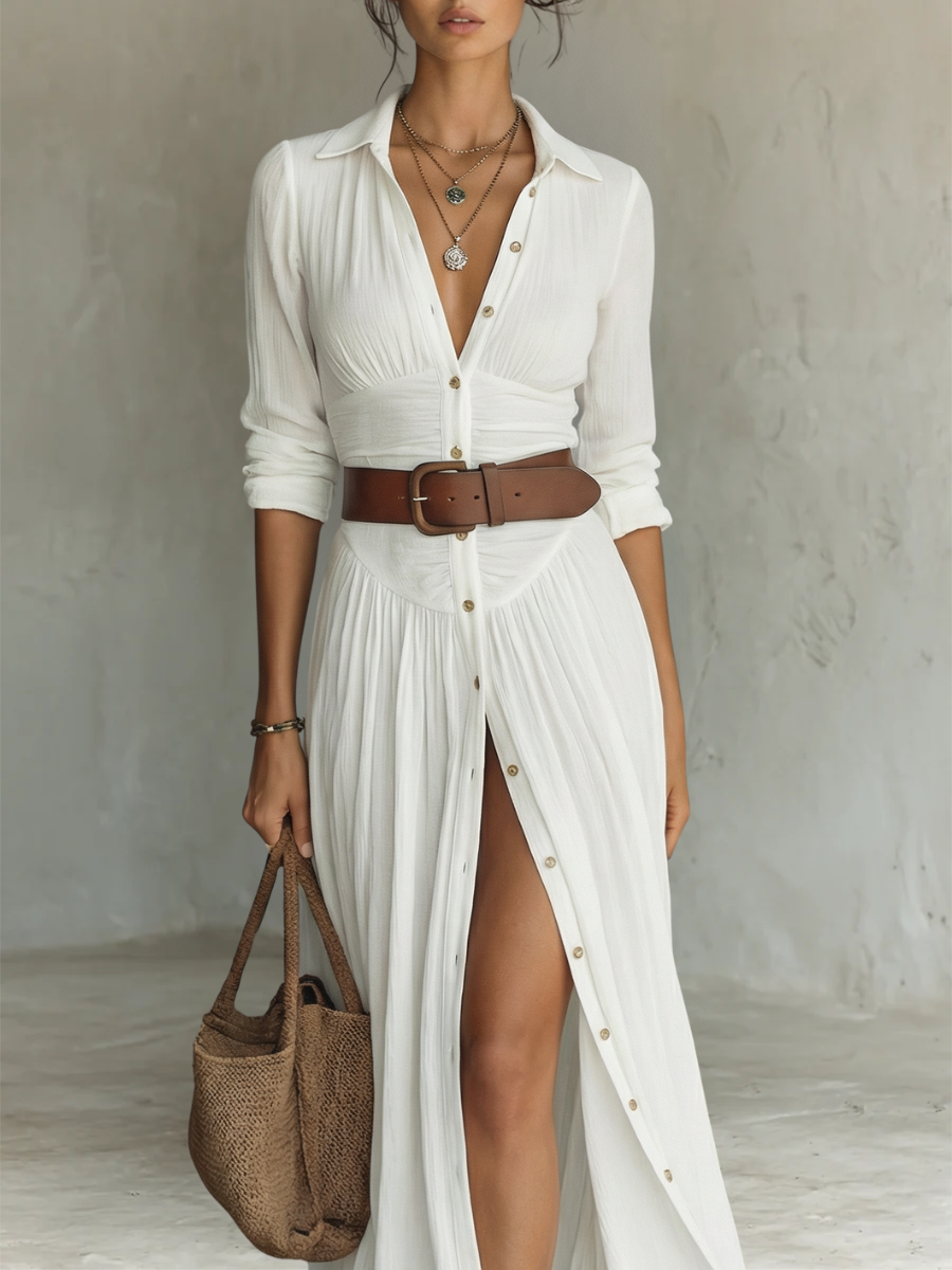 Effortless White Maxi Dress for Women with Collared Button Front Long Sleeve Side Slit Bohemian Style