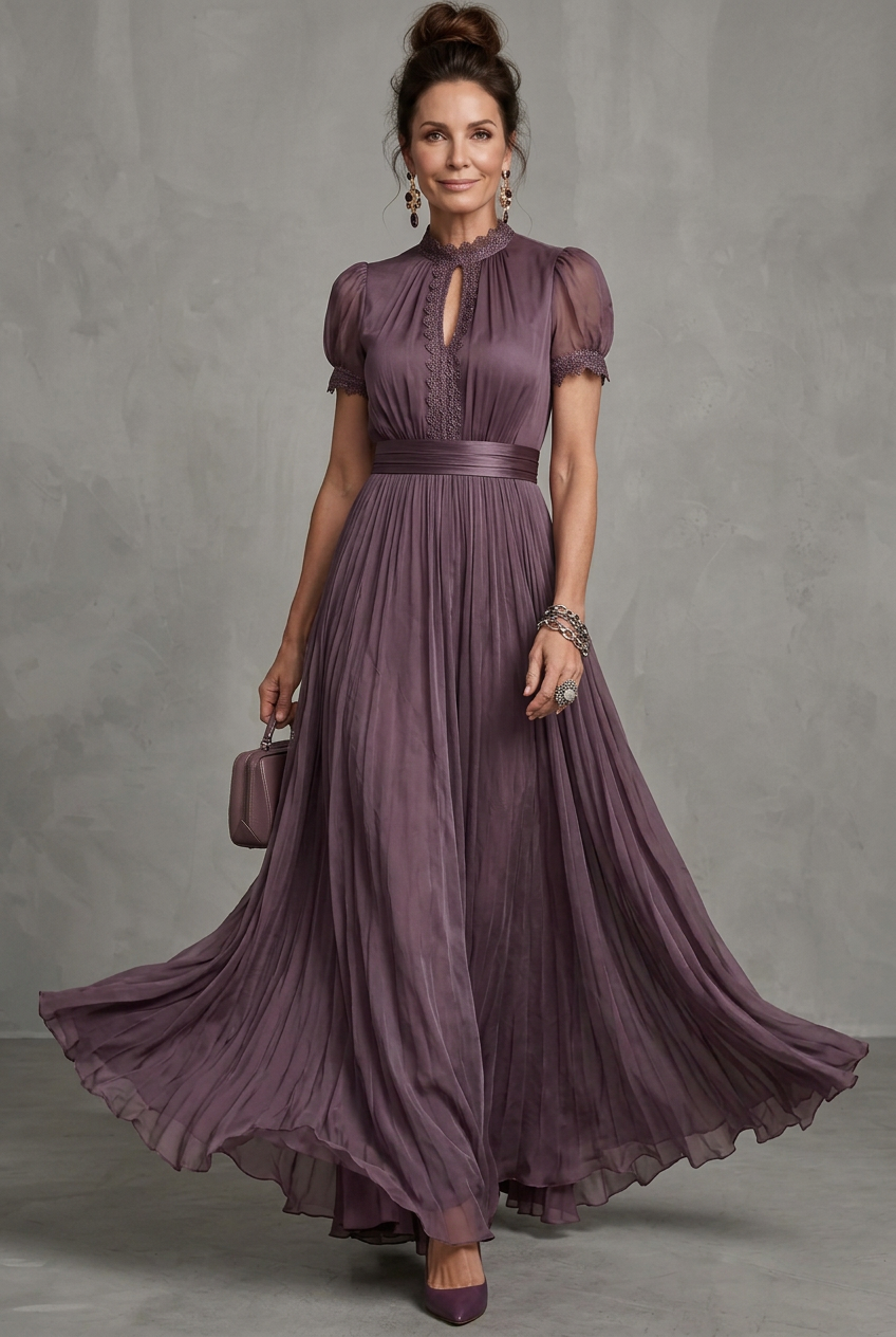 Elegant Pleated Mother Of The Groom Dress for Women with High Neck Puff Sleeve Lace Trim Flowing Formal Wedding Guest Style