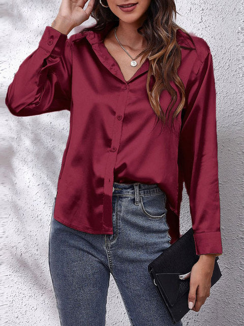 Elegant Satin Shirt for Women with Collar Long Sleeve Button Front Relaxed Silky Style