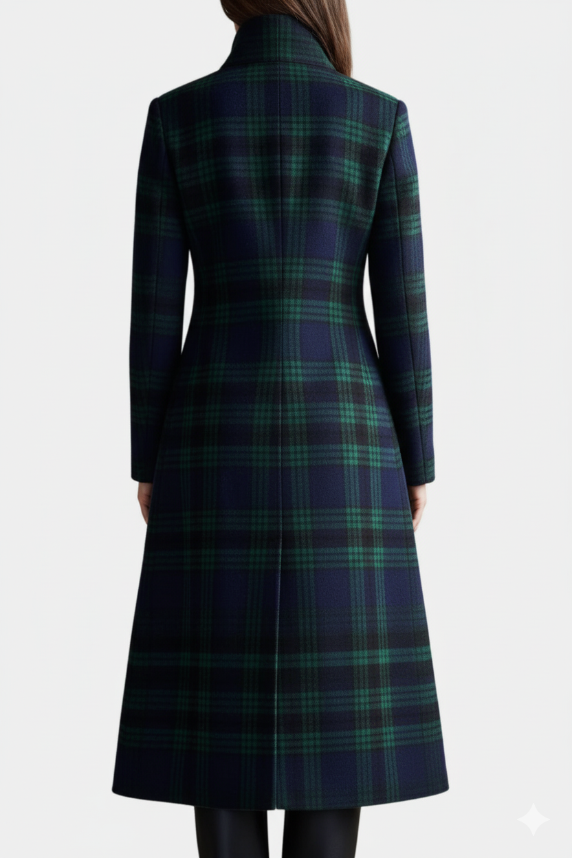 Elegant Green Plaid Wool Coat for Women with Stand Collar Long Sleeve Button Front Longline Style
