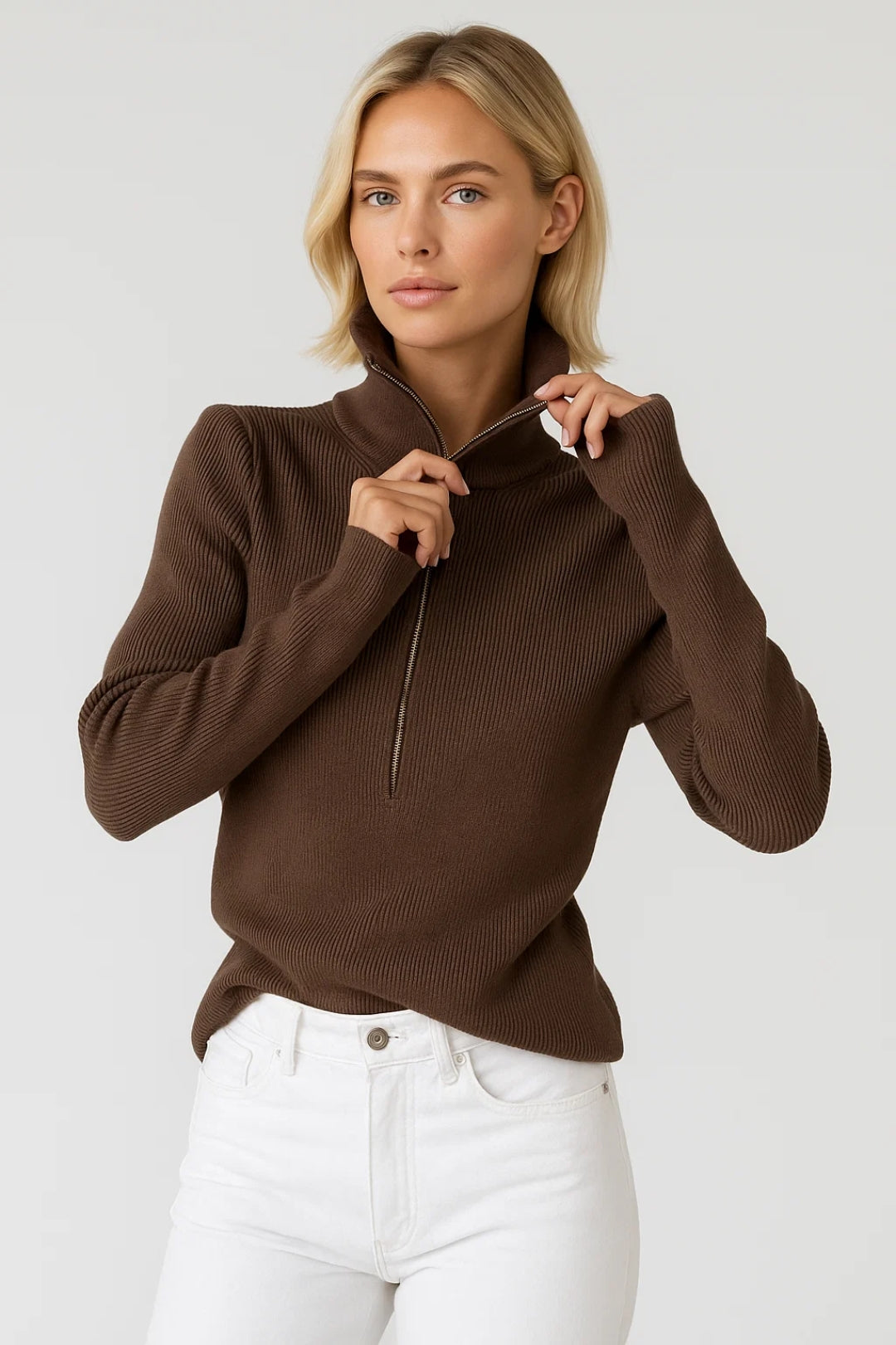Cozy Brown Ribbed Quarter-Zip Knit Sweater for Women with High Funnel Collar Long Sleeve Slim Pullover Style