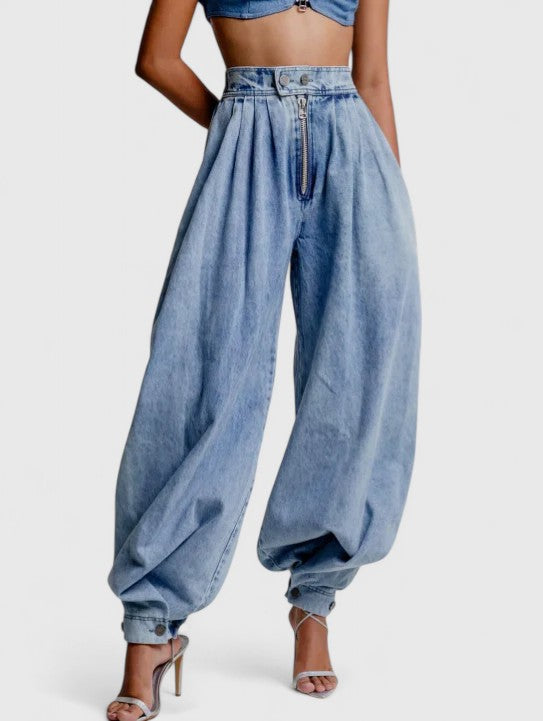 Effortless Blue Barrel Leg Jeans Two Piece Set for Women with Cropped Zip Back Top High Waisted Pleated Casual Style
