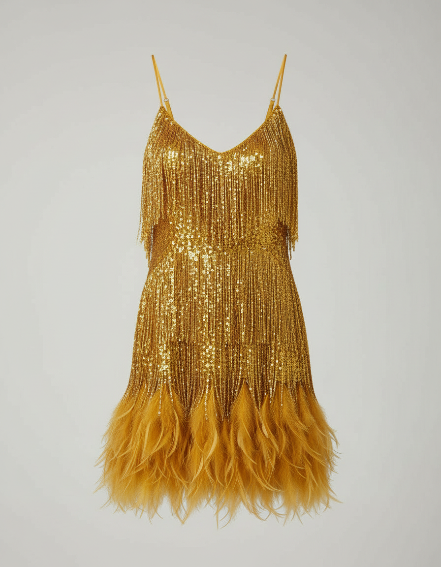 Elegant Gold Dress for Women with V Neck Spaghetti Strap Sequin Fringe Feather Hem Party Style