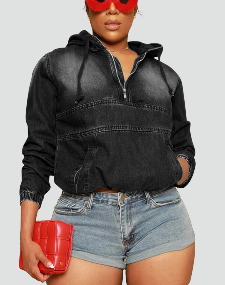 Effortless Denim Hoodie for Women with Half Zip Hooded Long Sleeve Cropped Casual Style