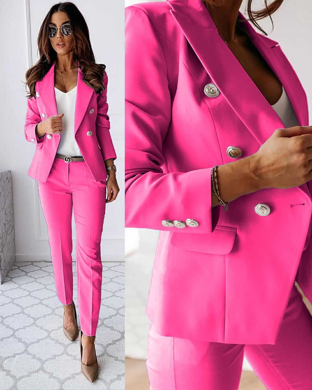 Elegant Blazer Pants Set for Women with Notched Lapel Long Sleeve Double Breasted Suit Style