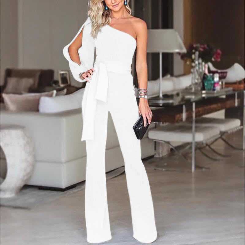 Elegant Jumpsuit for Women with One Shoulder Split Sleeve Belted Wide Leg Flowing Style