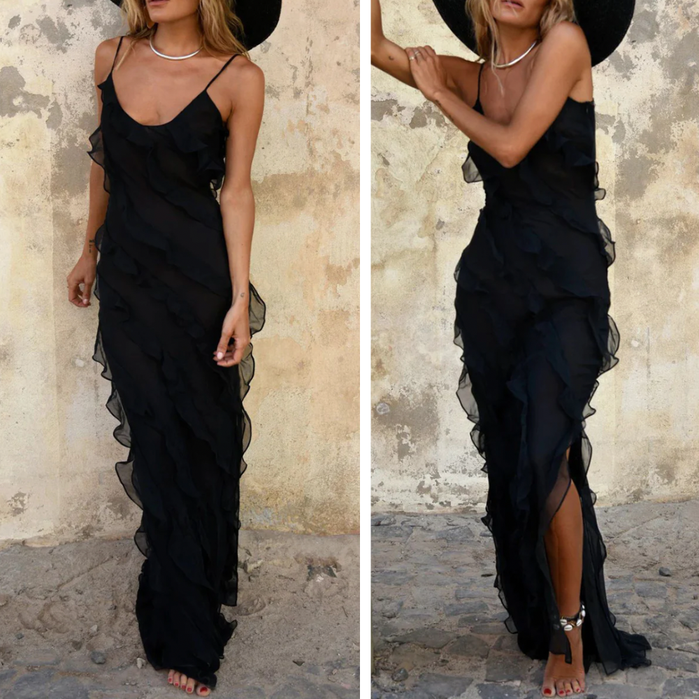Elegant Ruffle Maxi Dress for Women with V Neck Spaghetti Strap High Slit Flowing Style