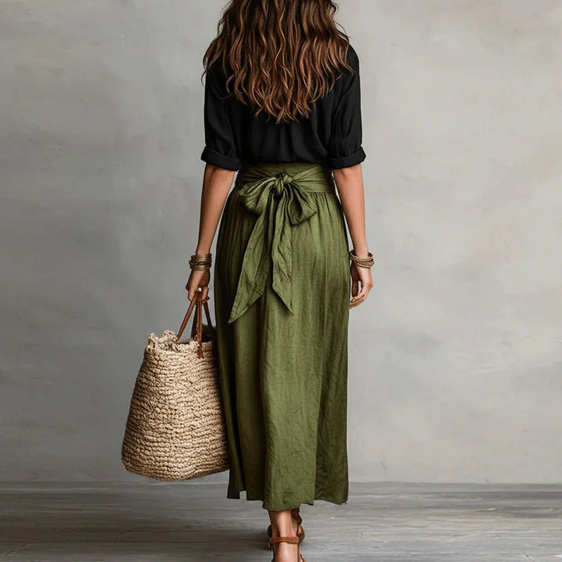 Effortless Ivory Linen Maxi Skirt Two Piece Set for Women with Button Front Tie Waist Relaxed Bohemian Style