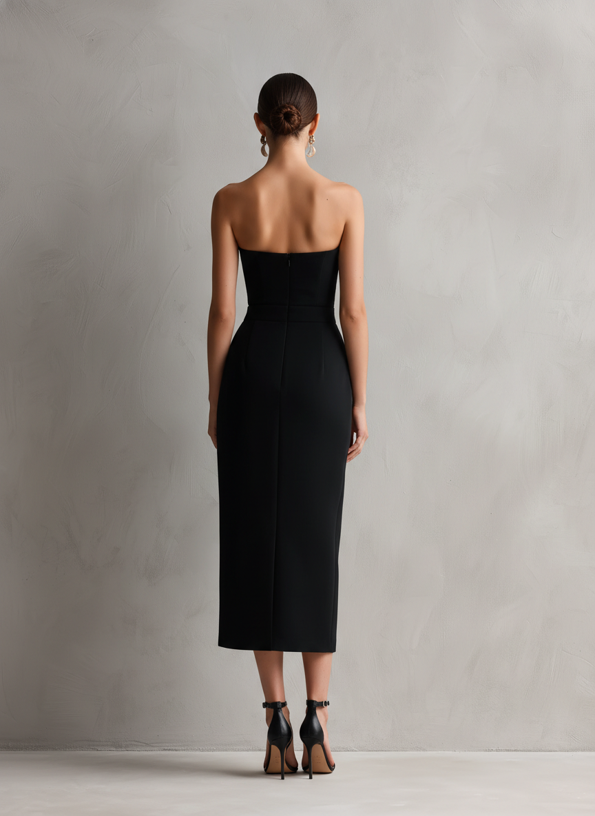 Elegant Black Midi Dress for Women with Strapless Straight Neck Fitted Bodycon Stretch Formal Cocktail Style