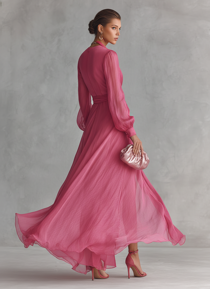 Elegant Pink Dresses for Women with V Neck Tie Waist Long Sleeve Chiffon Side Slit Formal Wedding Guest Style