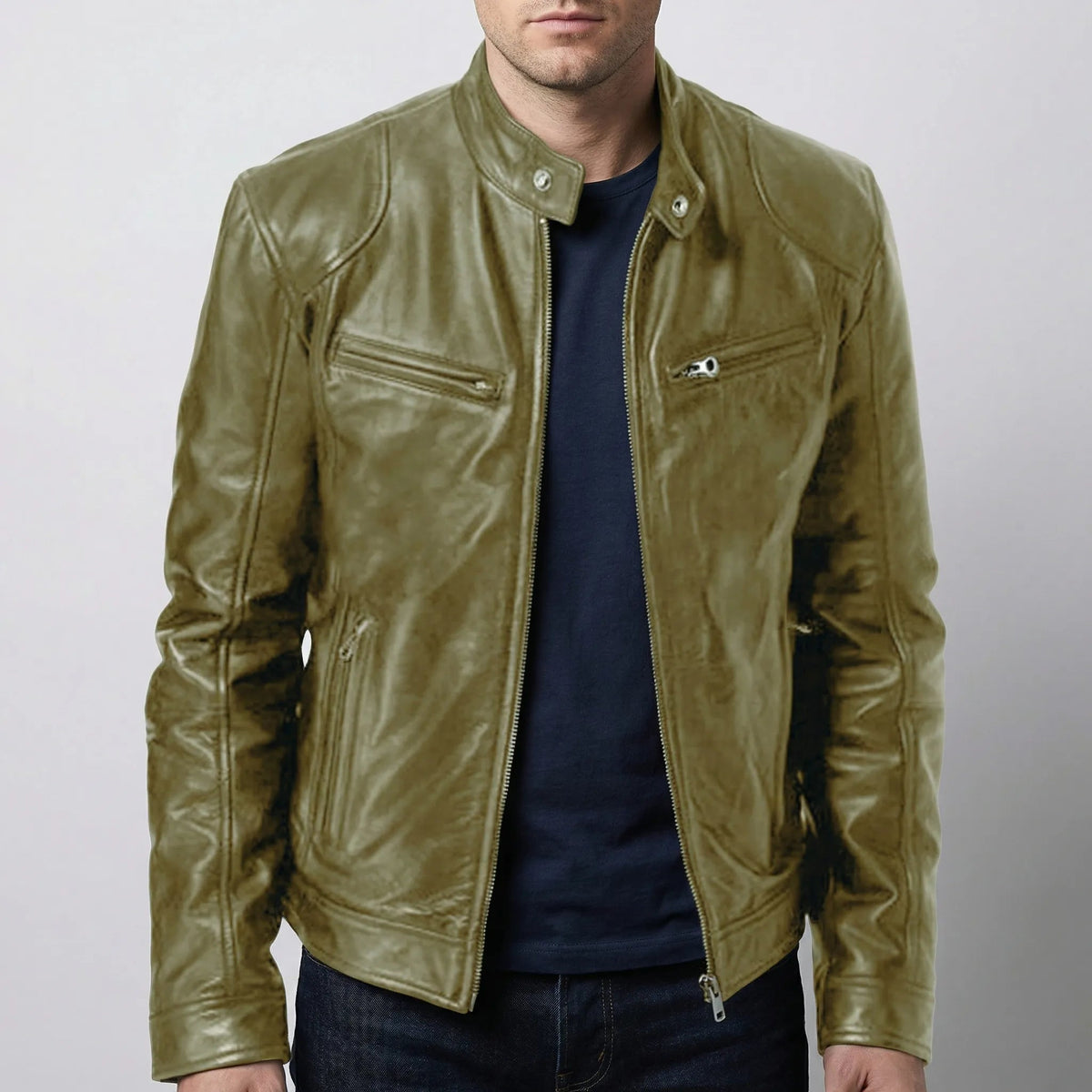 Edgy Leather Jacket for Men with Stand Collar Long Sleeve Zip Up Cafe Racer Moto Style