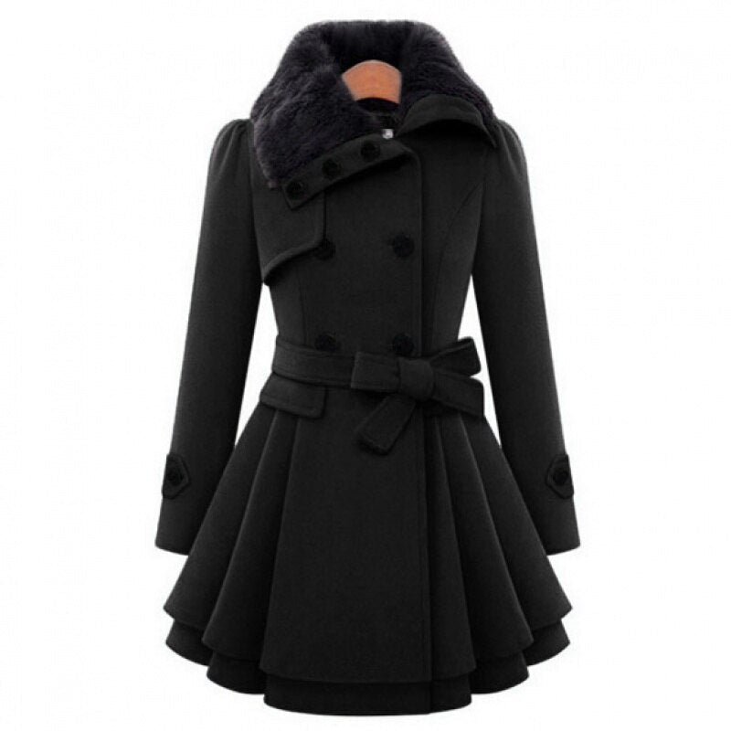 Elegant Faux Fur Collar Wool Jacket for Women with Notch Lapel Long Sleeve Belted Tiered Peplum Winter Style