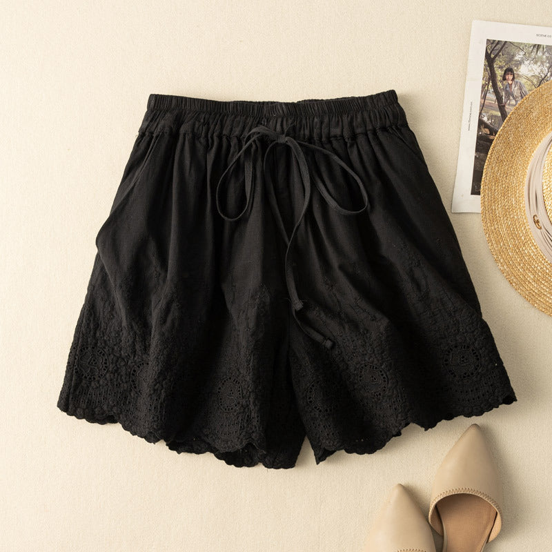 Effortless Crochet Lace Wide Leg Shorts for Women with High Waist Drawstring Scalloped Hem Bohemian Style