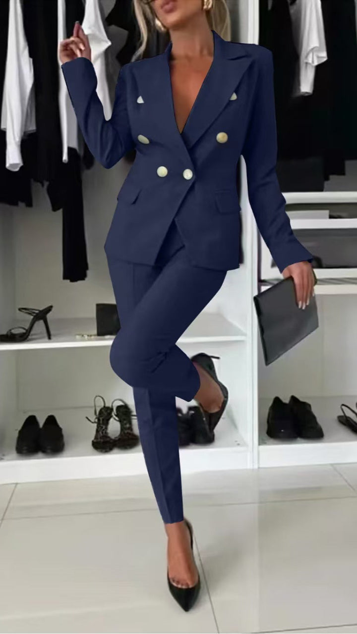 Elegant Blazer Flared Pants Set for Women with Notched Lapel Long Sleeve Double Breasted Suit Style