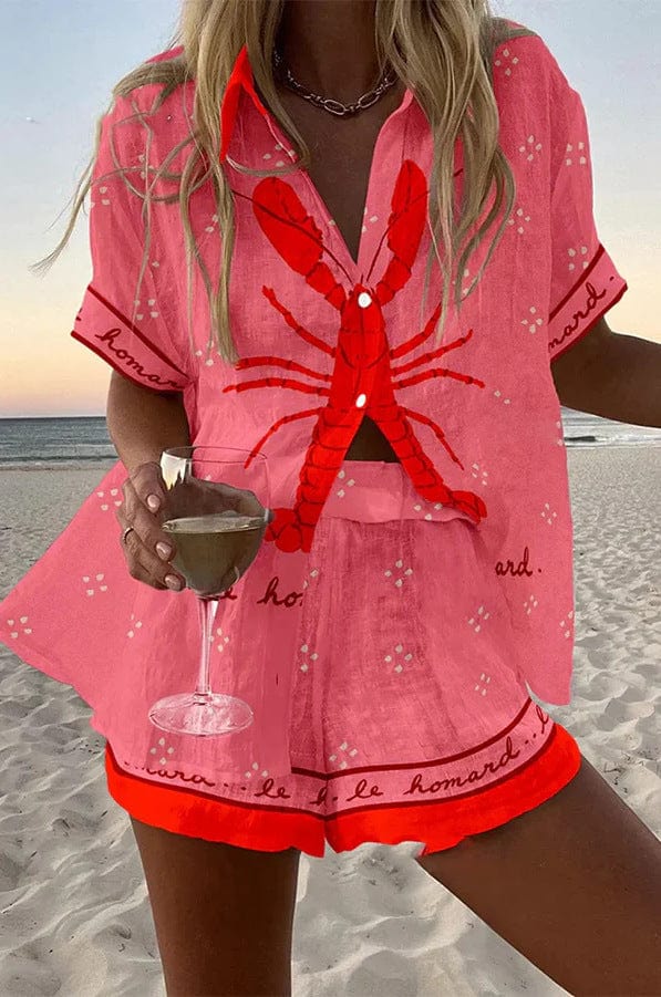 Tiffany | Effortless Lobster Print Beach Shorts Set