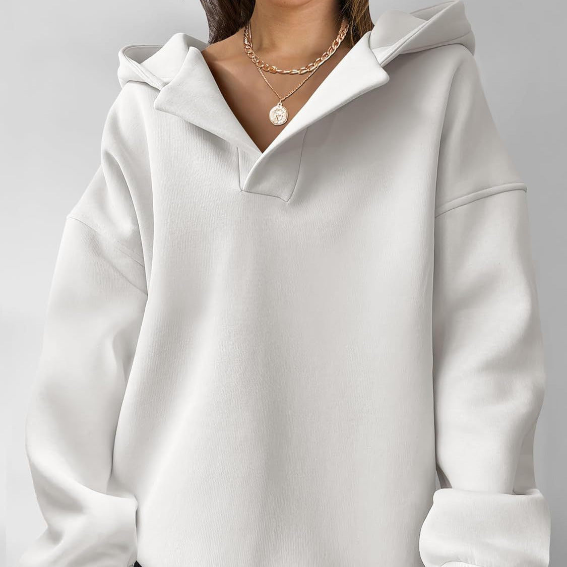 Comfortable Oversized Fleece Hoodie for Women with V Neck Long Sleeve Drop Shoulder Relaxed Style