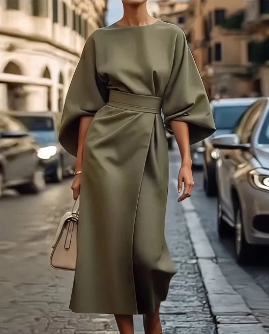 Elegant Belted Midi Dress for Women with Round Neck Bell Sleeve Wrap Flowing Style