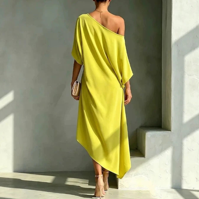 Elegant Draped Maxi Dress for Women with One Shoulder Batwing Sleeve Asymmetrical Hem Autumn Wedding Guest Style