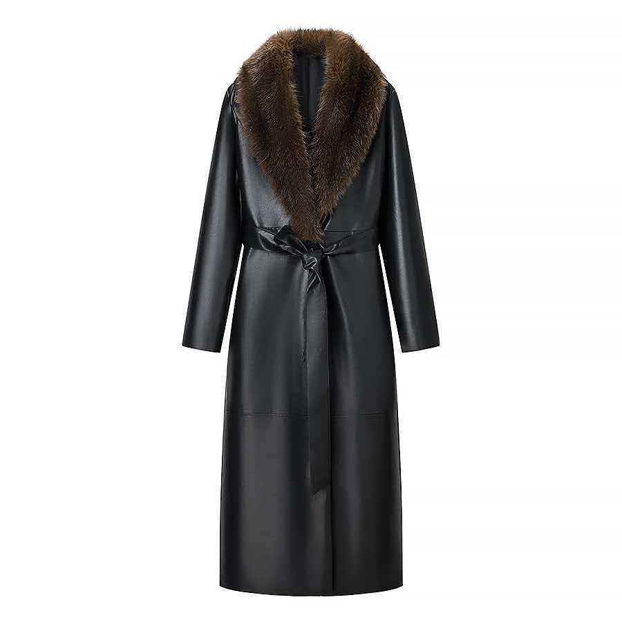 Elegant Black Faux Leather Maxi Coat for Women with Faux Fur Collar Long Sleeve Tie Belt Removable Style