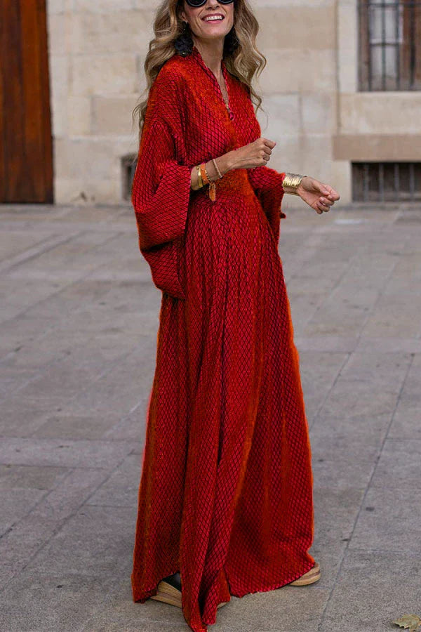 Effortless Red Maxi Dress for Women with V-Neck Batwing Sleeve Geometric Print Casual Style