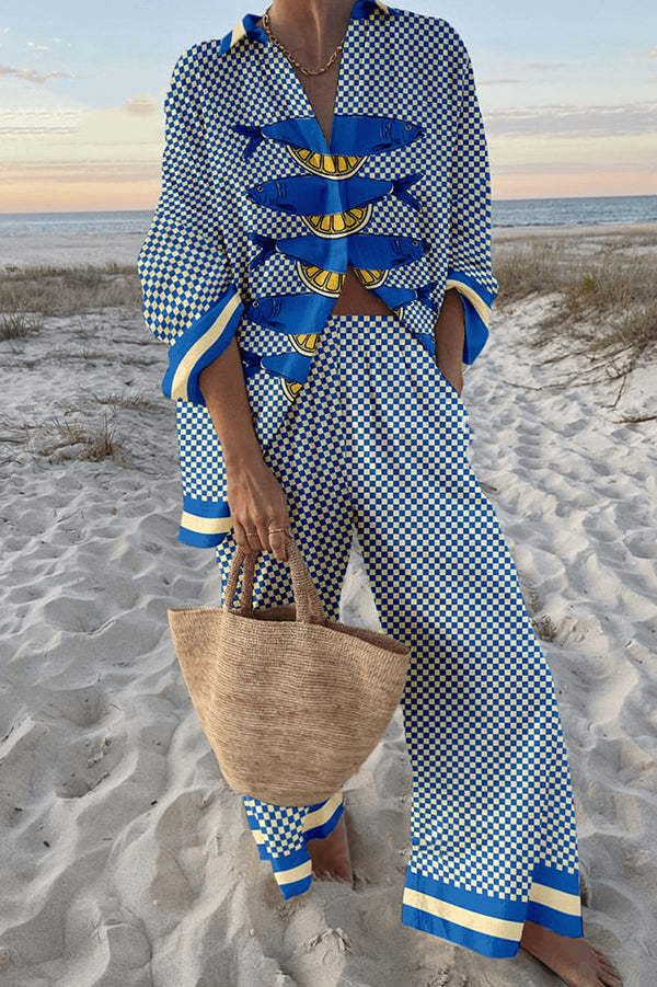 Riley | Playful Fish Print Checkered Wide Leg Pants Set