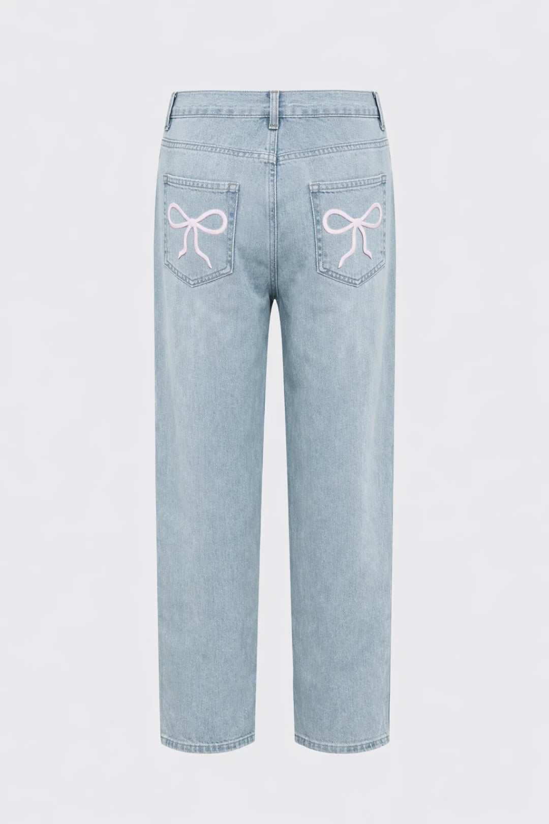 Elegant Light Blue Cherry Embroidered Jeans for Women with High Waisted Straight Leg Relaxed Casual Style