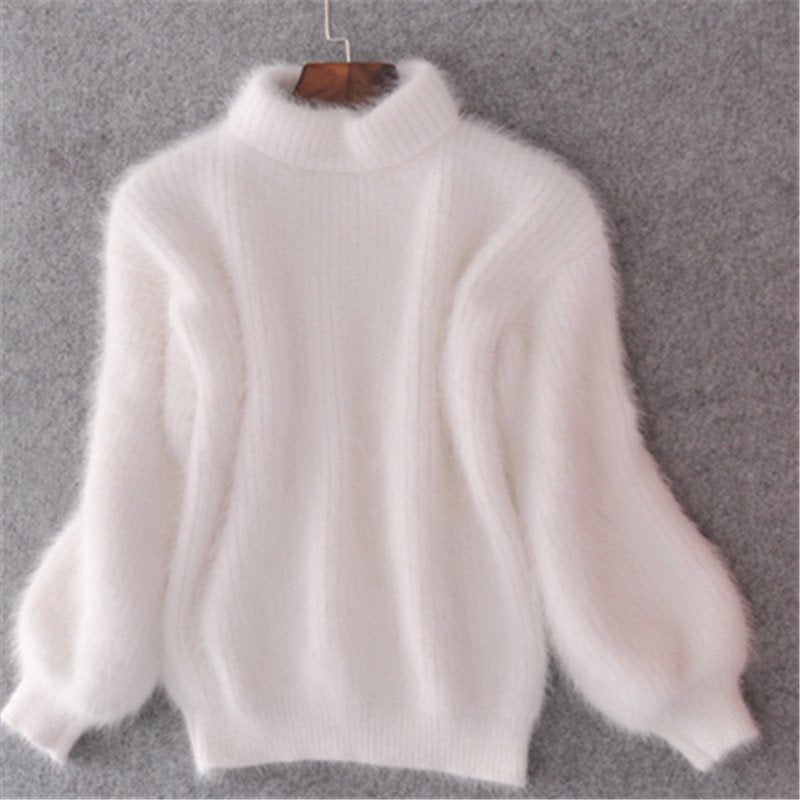 Comfortable Fuzzy Knit Sweater for Women with Turtleneck Lantern Sleeve Oversized Relaxed Style