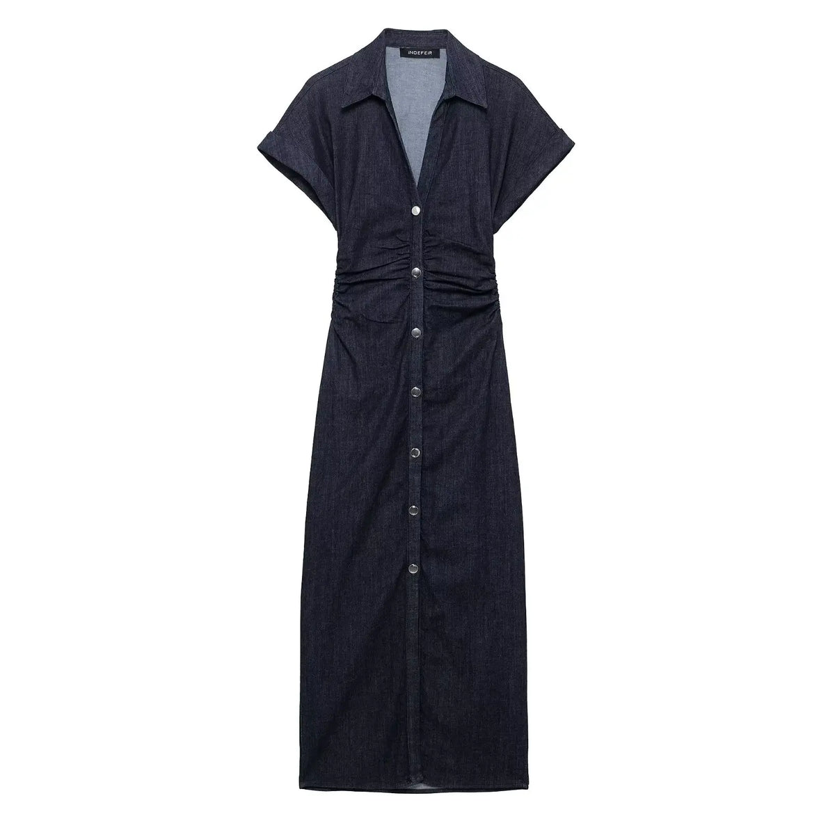 Elegant Indigo Denim Dress for Women with Collared V Neck Short Sleeve Button Front Ruched Maxi Style