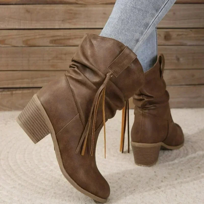 Stylish Dark Brown Boots for Women with Round Toe Braided Tassel Block Heel Western Ankle Style