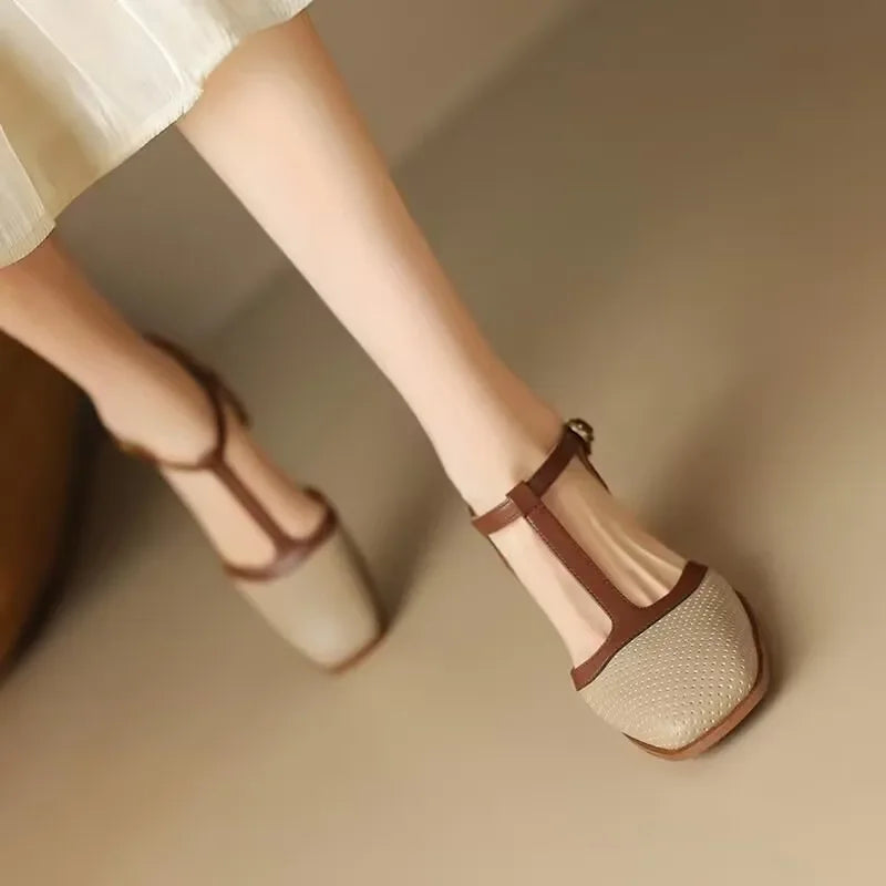 Elegant Flats for Women with T-Strap Block Heel Round Toe Style