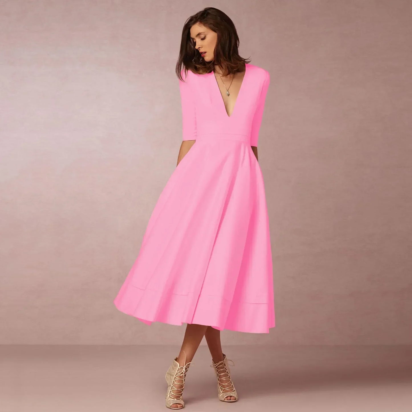 Elegant Pink Dress for Women with V Neck Elbow Sleeve A Line Wedding Guest Style