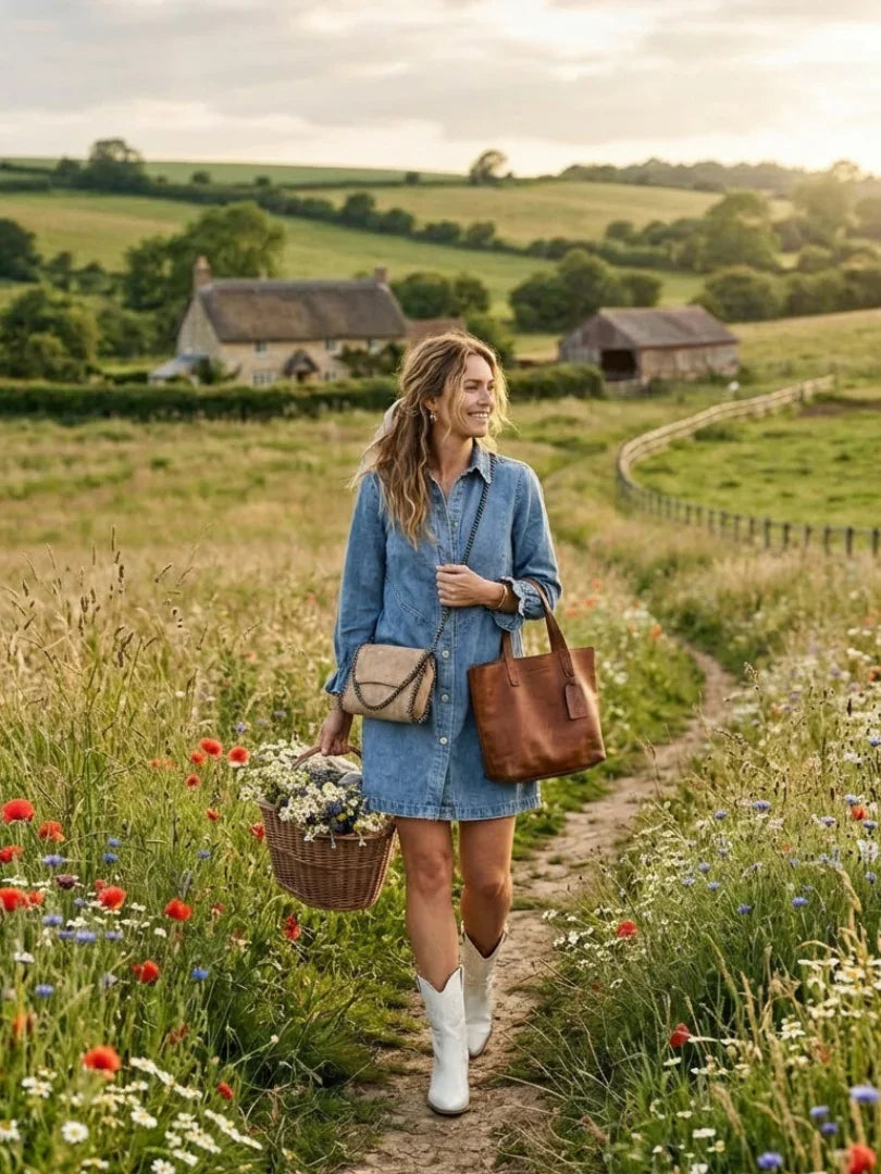 Effortless Denim Dress for Women with Collar Long Sleeve Ruffle Cuff Button Front Mini Western Style