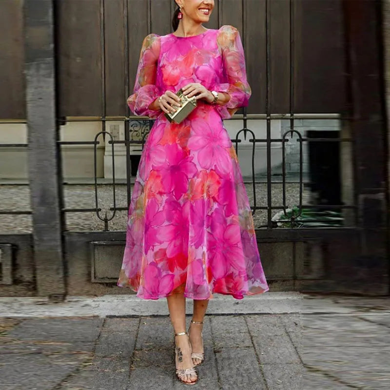 Elegant Pink Dress for Women with Round Neck Long Sleeve Floral Print Midi A Line Wedding Guest Style
