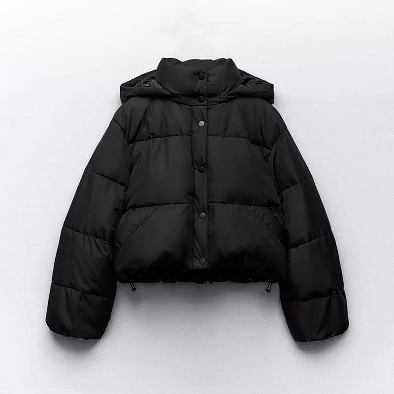 Cozy Black Puffer Jacket for Women with Hooded Collar Long Sleeve Snap Front Cropped Style