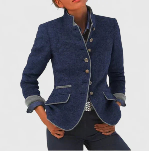 Elegant Wool Blazer for Women with Stand Collar Long Sleeve Contrast Trim Tailored Style