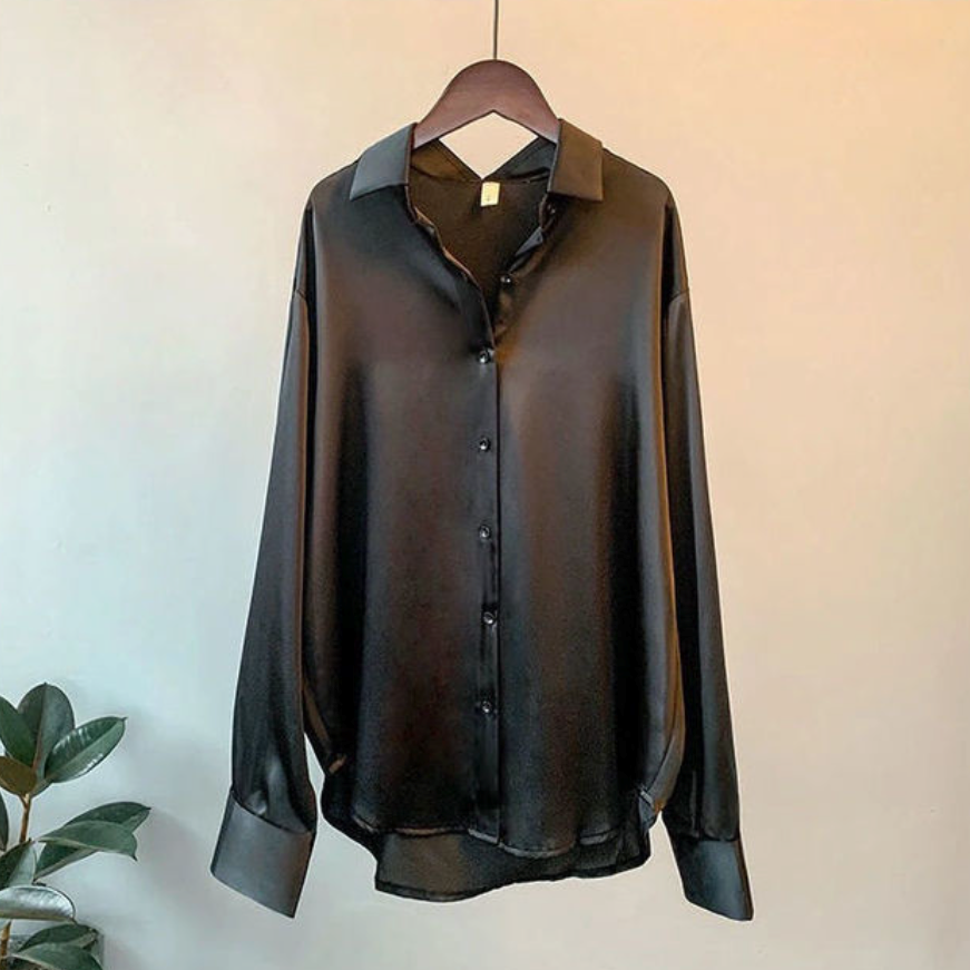 Elegant Champagne Satin Going Out Top for Women with Collar Long Sleeve Button Front Relaxed Silky Style