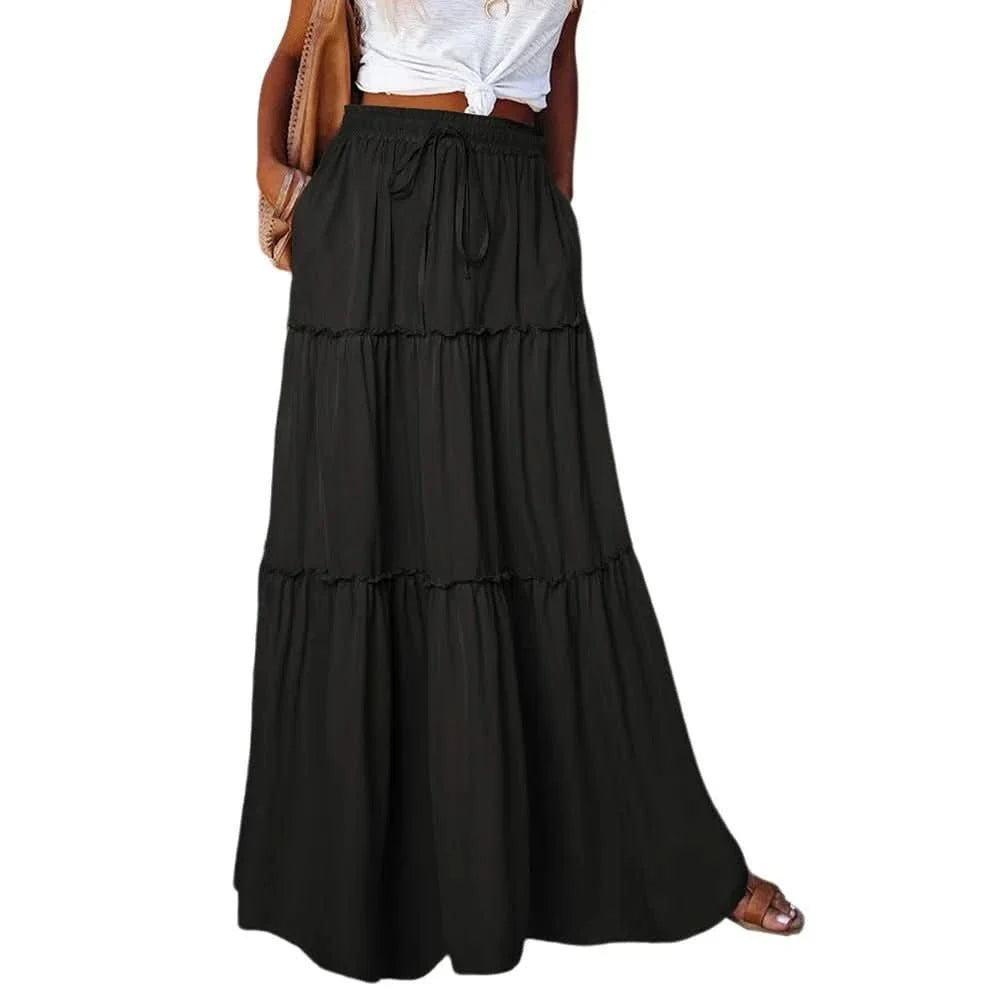 Effortless Tiered Maxi Skirt for Women with High Waist Drawstring Flowing Bohemian Style