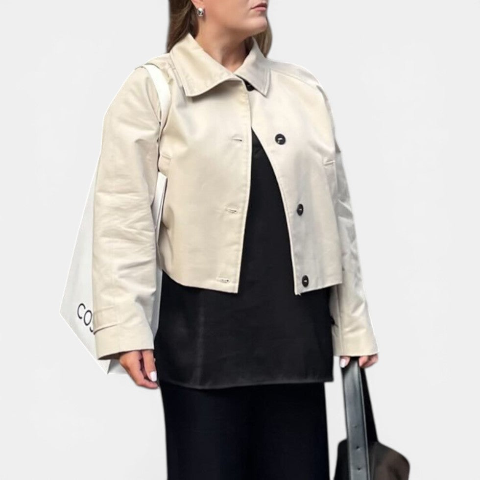 Elegant Beige Cropped Jacket for Women with Collar Long Sleeve Button Front Relaxed Style