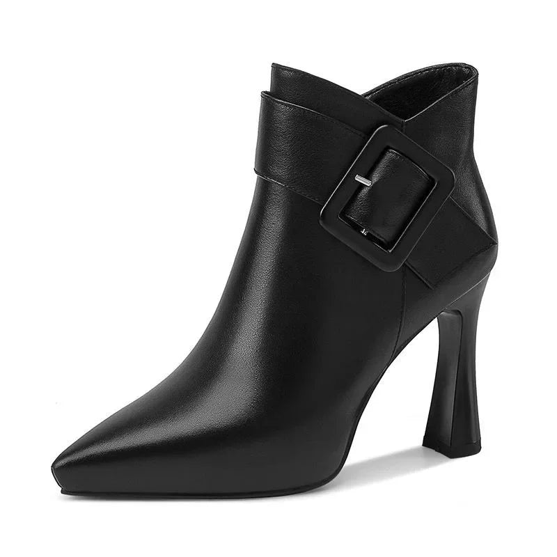 Elegant Leather Women Boots with Buckle Pointed Toe High Heel Ankle Style