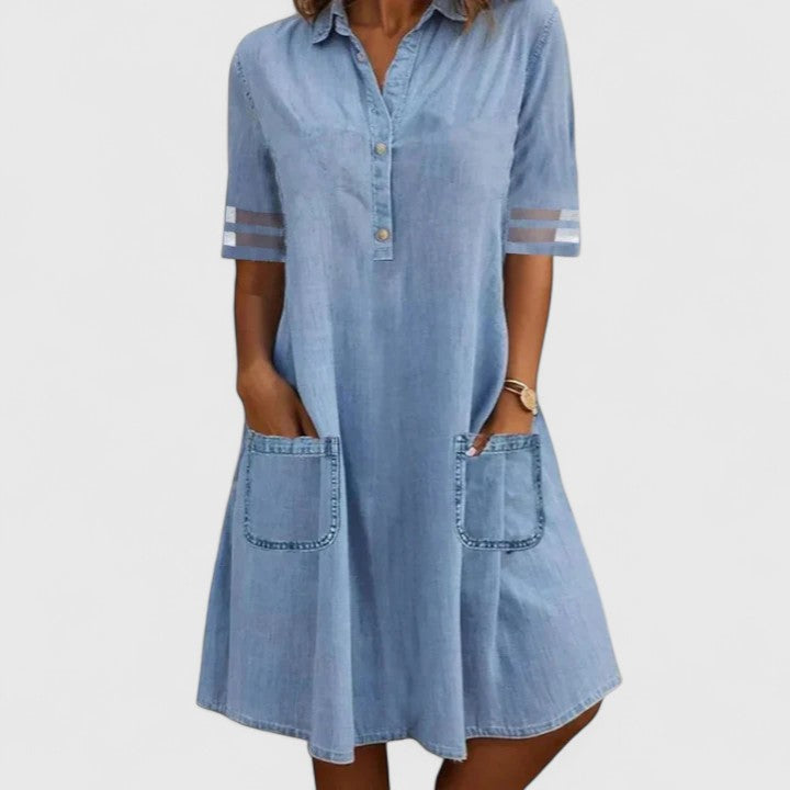 Effortless Blue Denim Dress for Women with Collar Elbow Sleeve Button Front Pocket Casual Style